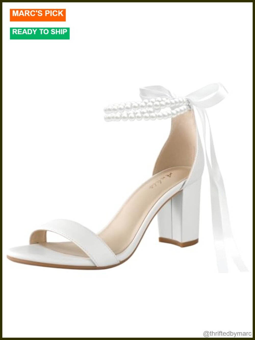 Chunky Block Heeled Sandals Pearl Bow Ankle Strap Open Toe Wedding Shoes